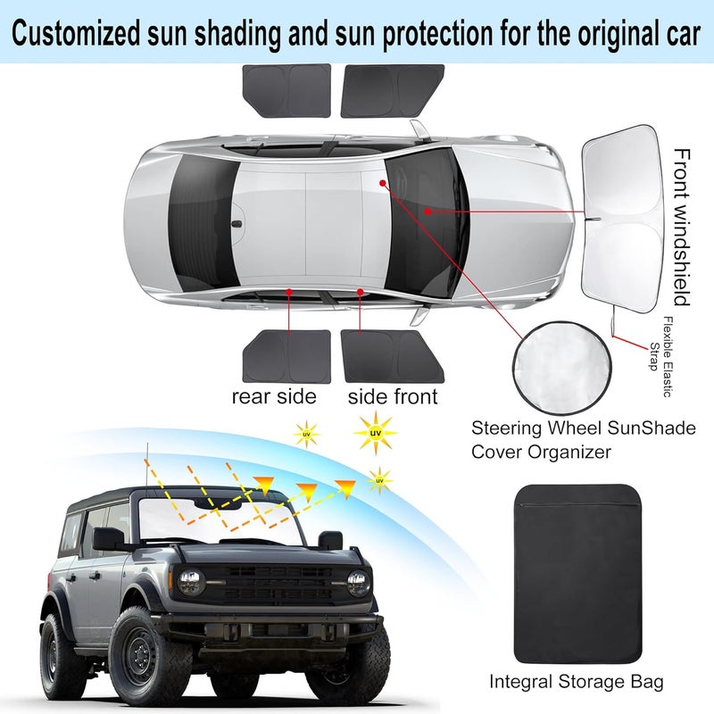 LHFLIVE 5PCS Windshield Sun Shade Custom Fit for 2021-2024 2025 Ford Bronco Accessories(Not for Bronco Sport) Foldable Sunshade Side Rear Window Shade Cover Full Set Privacy Protection - Image 3